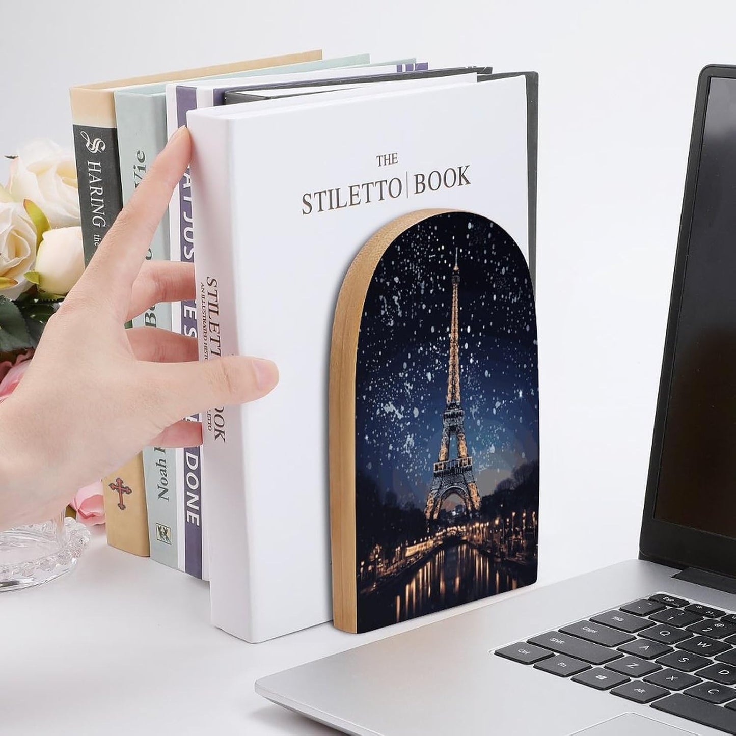 Night Paris Eiffel Tower Bookend for Shelves Wooden Book End Large Size Sturdy Book Holders Stoppers with Metal Base for Bookshelves Slick Decorative Bookends Stands