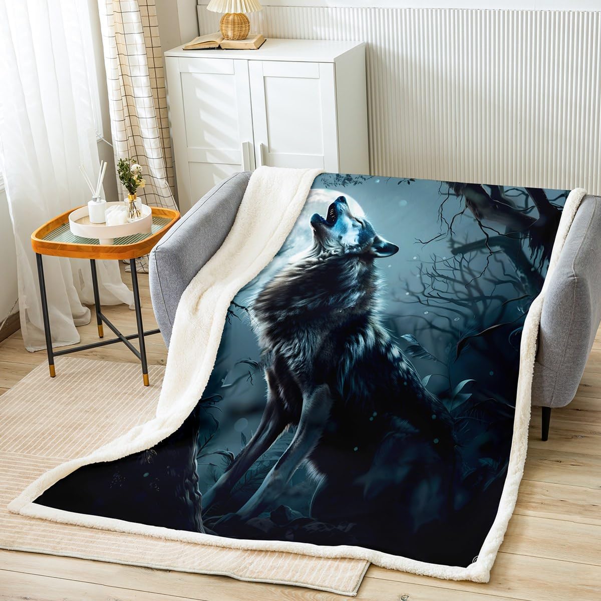Feelyou Kids Boys Girls Wolf Sherpa Blanket Wolves Howling Fleece Throw Blanket for Lonely woles Plush Blanket Animal Wolves Fuzzy Cozy Soft Blanket Throw 50"x60"