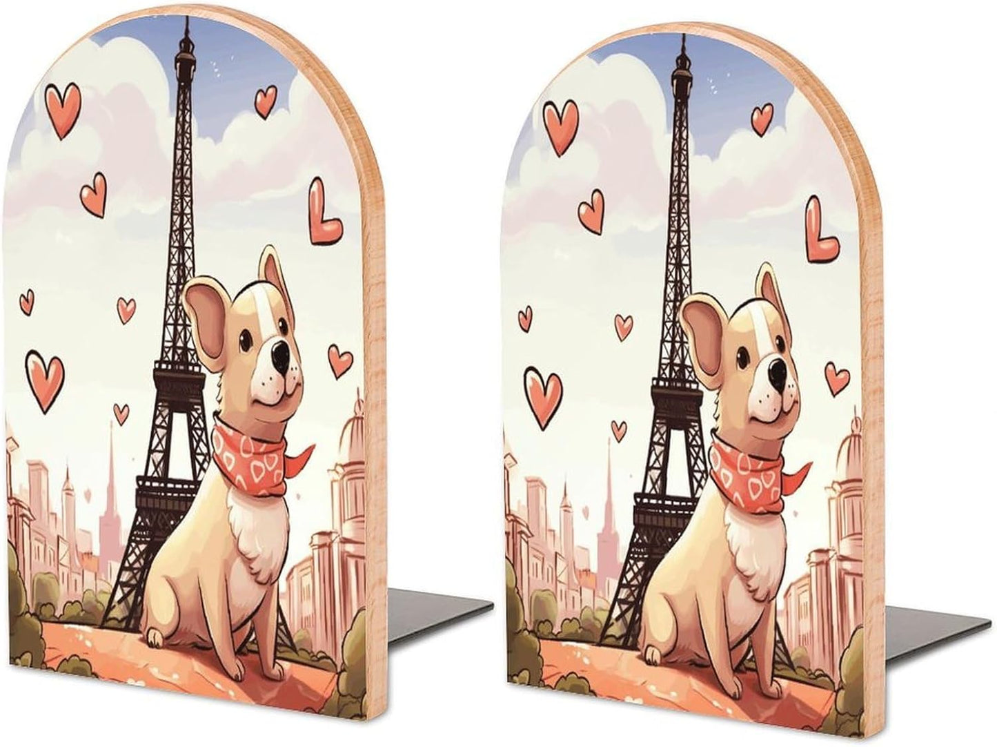 Dog and Eiffel Tower Bookend for Shelves Wooden Book End Large Size Sturdy Book Holders Stoppers with Metal Base for Bookshelves Slick Decorative Bookends Stands