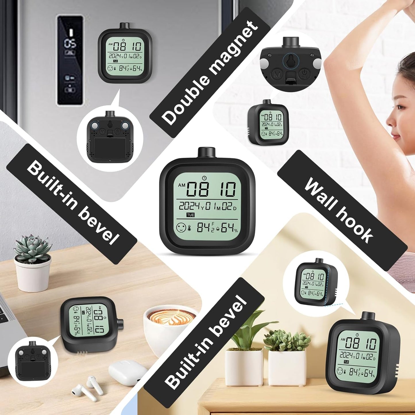 Digital alarm clock battery operation travel calendar desk shower room wall clock time thermometer hygrometer black