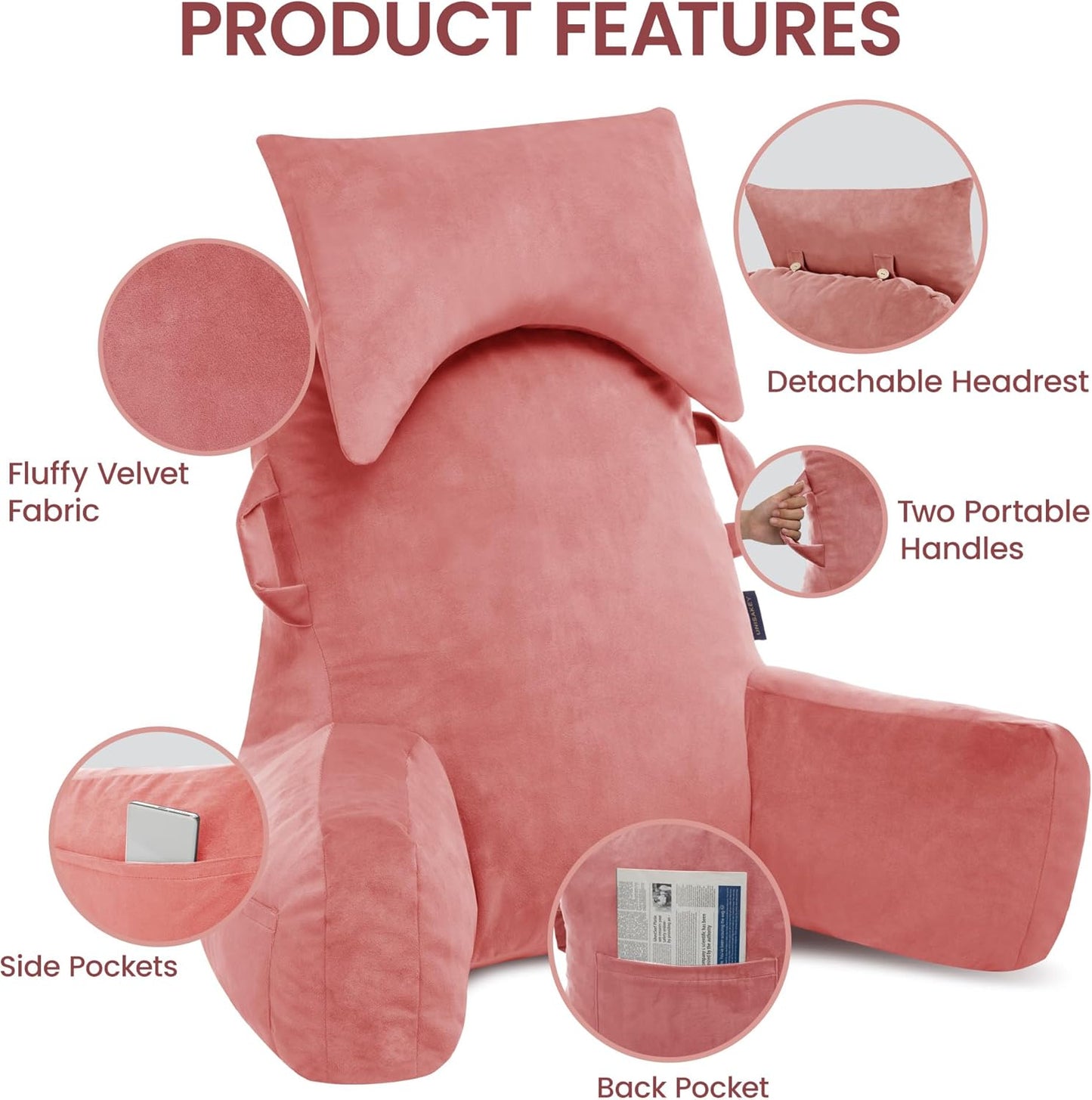 Portable Reading Pillows with Headrest for Bed Sitting Up(Dark Pink Oeko-Tex), Velvet Back Pillow with Arms & Pockets for Adults, Support Memory Foam Bed Pillow for Dorm/Watching/Gaming