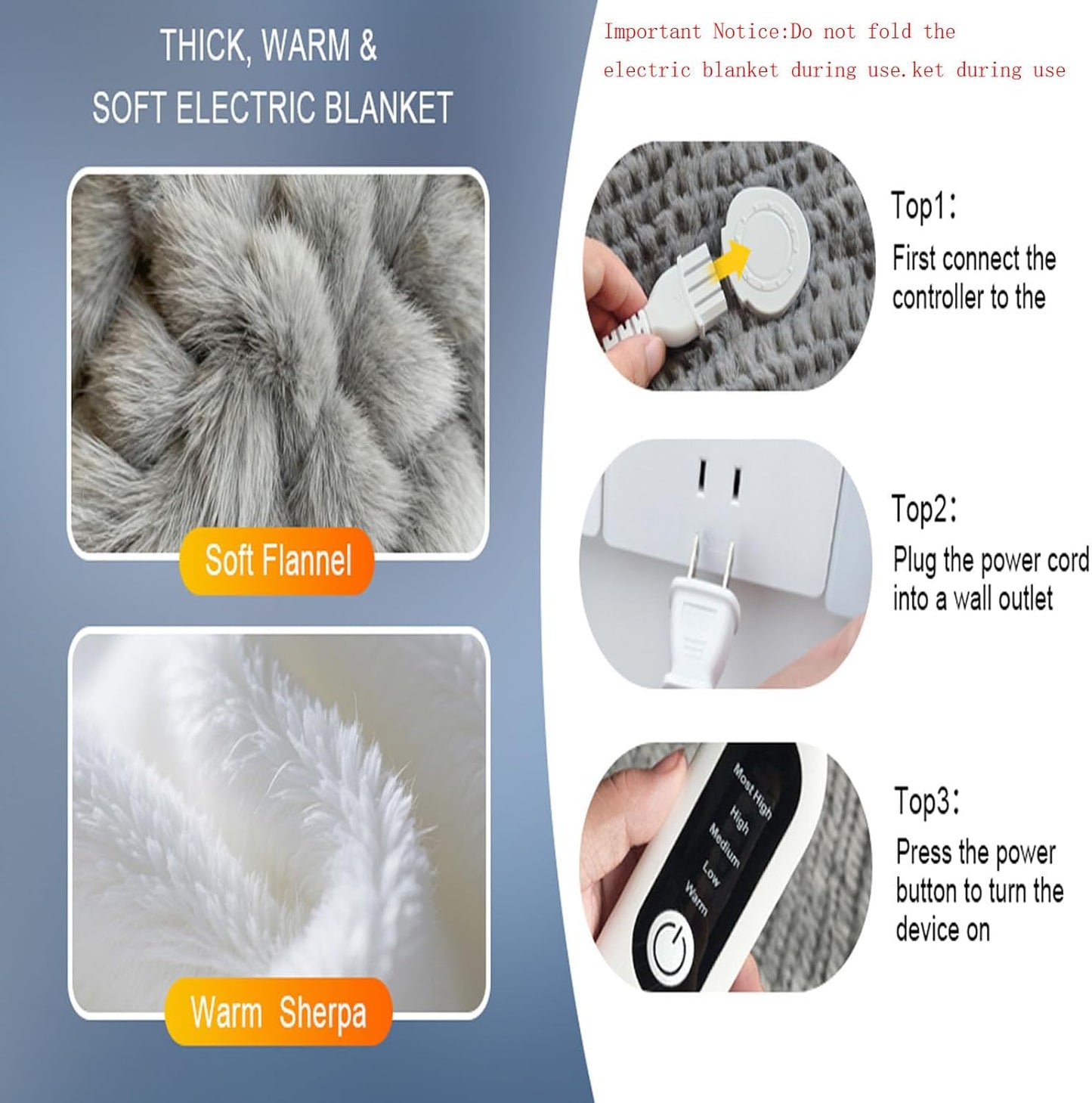 Heated Blanket Electric Blanket,Cozy Faux Rabbit Fur & Soft Flannel Warm Heater Throw Blanket with 5 Fast Heating Levels &10Hours Auto-Off Over-Heat Protection，50" x 60" (Grey)