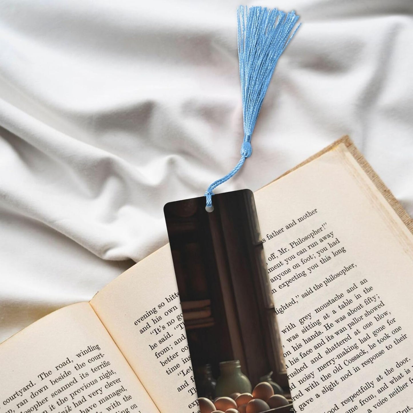 Eggs on The Counter Bookmarks Gifts for Women Men, Wooden Bookmarks for Book Lovers, Vintage Book Marks Ornaments with Tassel, Unique Personalized Reading Page Markers Sky Blue