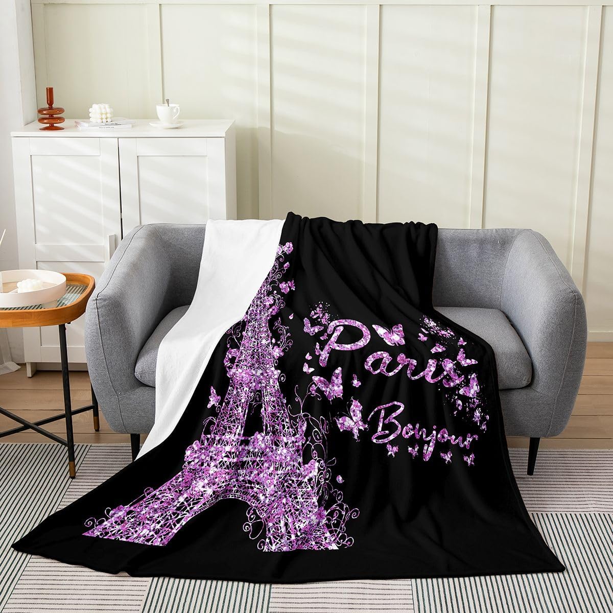 Feelyou Eiffel Tower Flannel Fleece Throw Blanket,All Season Paris Butterfly Bed Blanket Paris Decor Purple Black Fuzzy Blanket for Bed Sofa Couch,Bedroom Decor Valentines Plush Blanket Twin 60"x80"