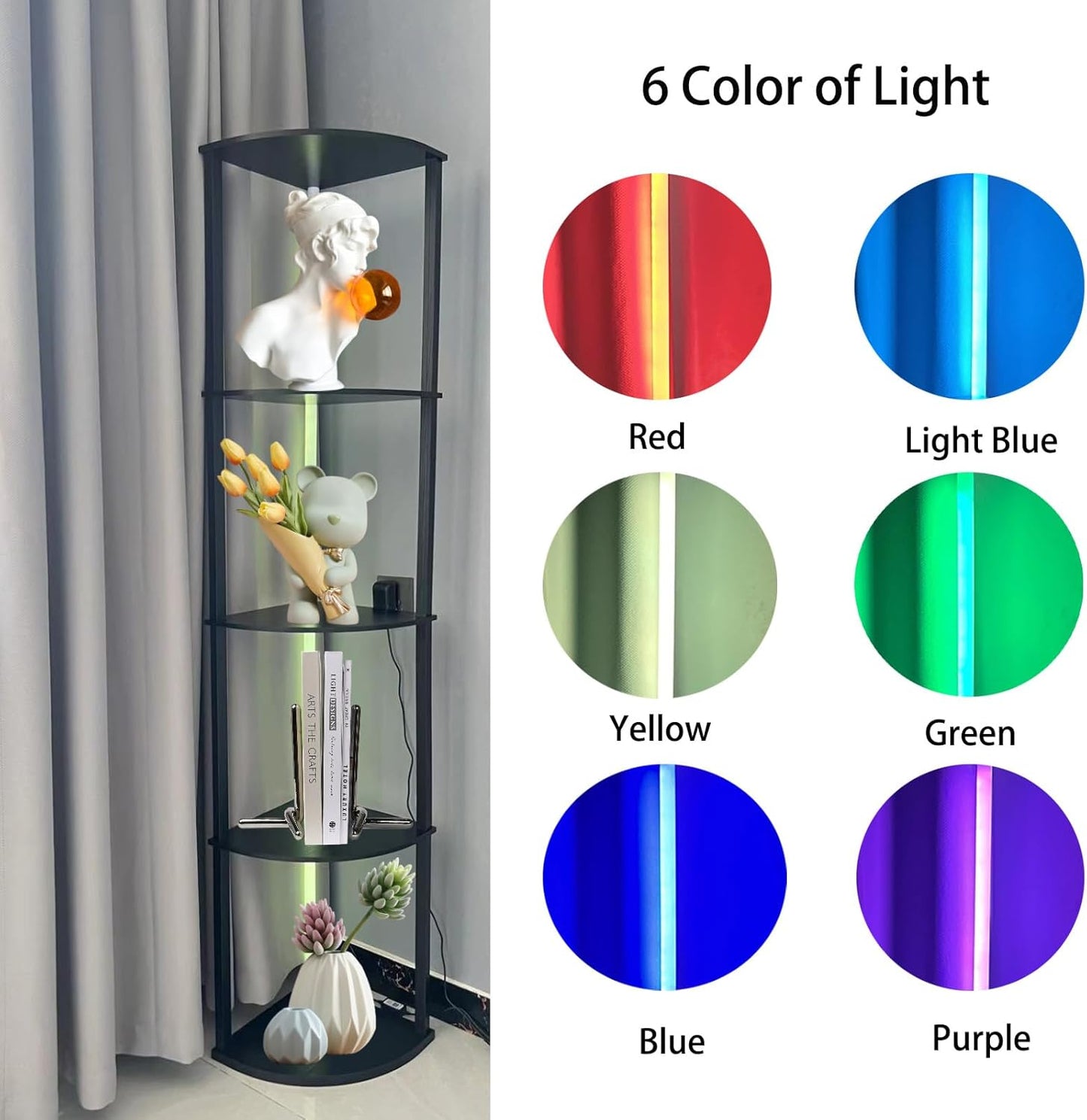 5 Tiers LED Corner Shelf ,65" Stand Floor Lamps for Collectibles , Corner Bookshelf Cabinet Display Shelves with Multiple Color Lights via APP and Remote Control for Living Room Bedroom Home