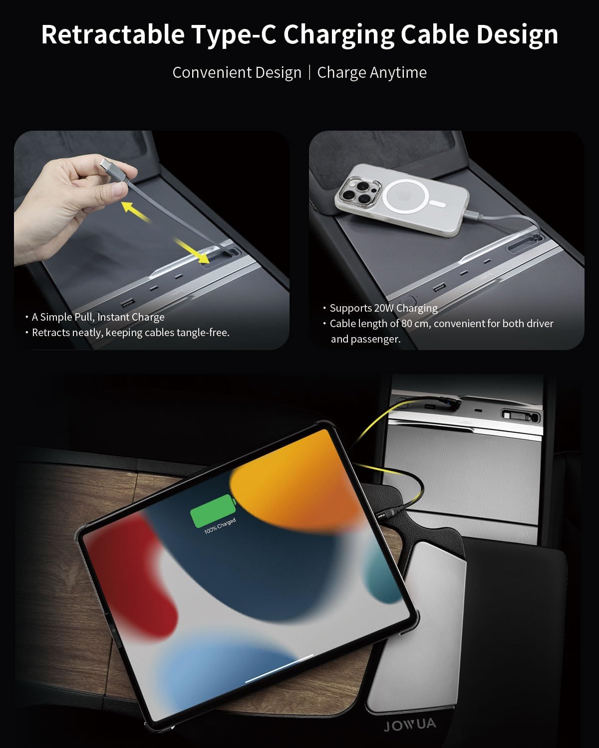 JOWUA 130W LED Hub Compatible for Tesla New 2025 Model Y, Reengineered Model 3 Highland (2024+), Two Type-C Ports, one USB-A Port, and a Type-C Cable