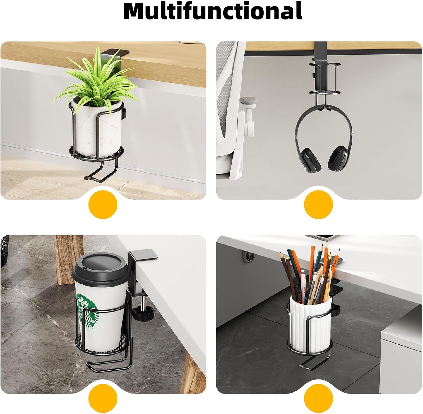 2 in 1 Desk Cup Holder with Headphone Hanger Holder, Anti-Spill Clip-On Table Cup Hook with 360° Rotation for Lawn Chair, Office Home Gaming Table (1 Pack)