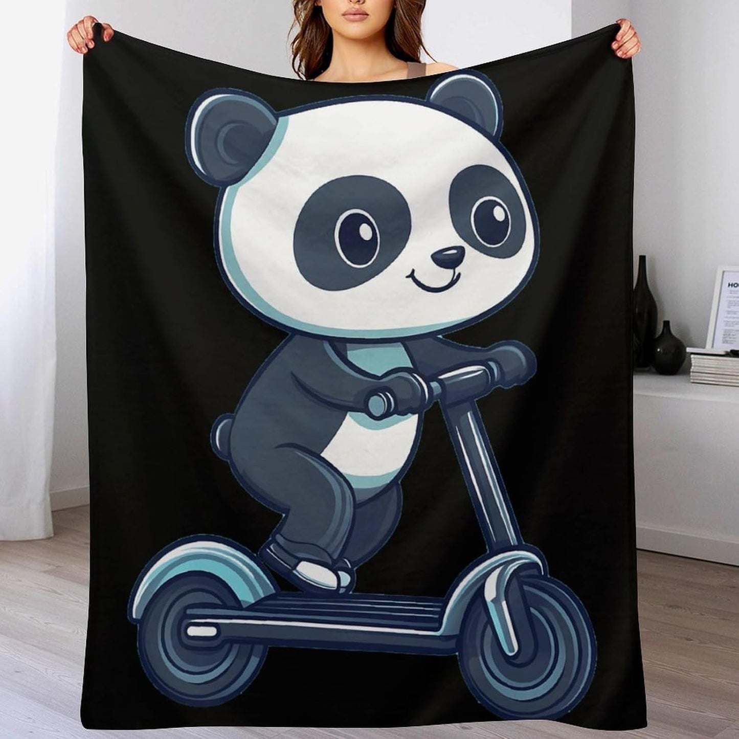 Panda Riding Electric Scooter Throw Blanket Fleece Blankets Soft Flannel for Couch Bed Pet Decorative Warm
