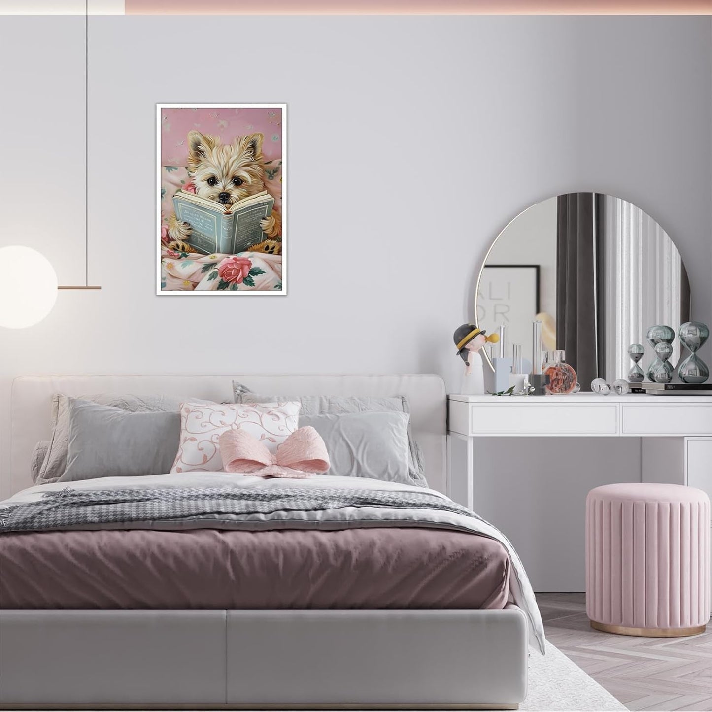 Vintage Dog Reading Books Posters Pink Funny Animal Canvas Wall Art Cute Pet Lovers Minimalist Aesthetic Prints Painting For Girls Room Home Bedroom Dorm Wall Decor 12x16in Unframed