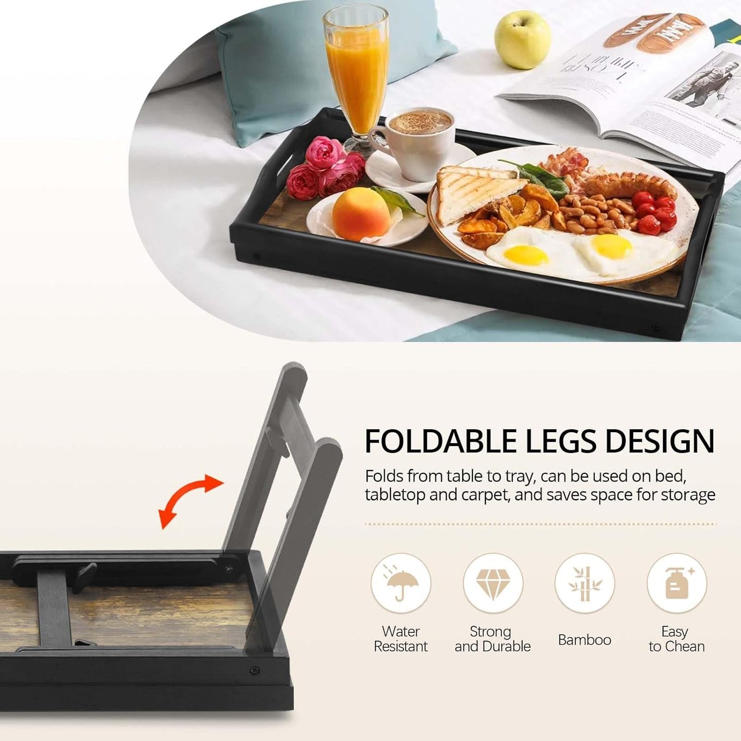 Bed Tray Table Breakfast Trays Serving Tray Bamboo Bed Laptap Floding Legs with Handles and Phone Holders