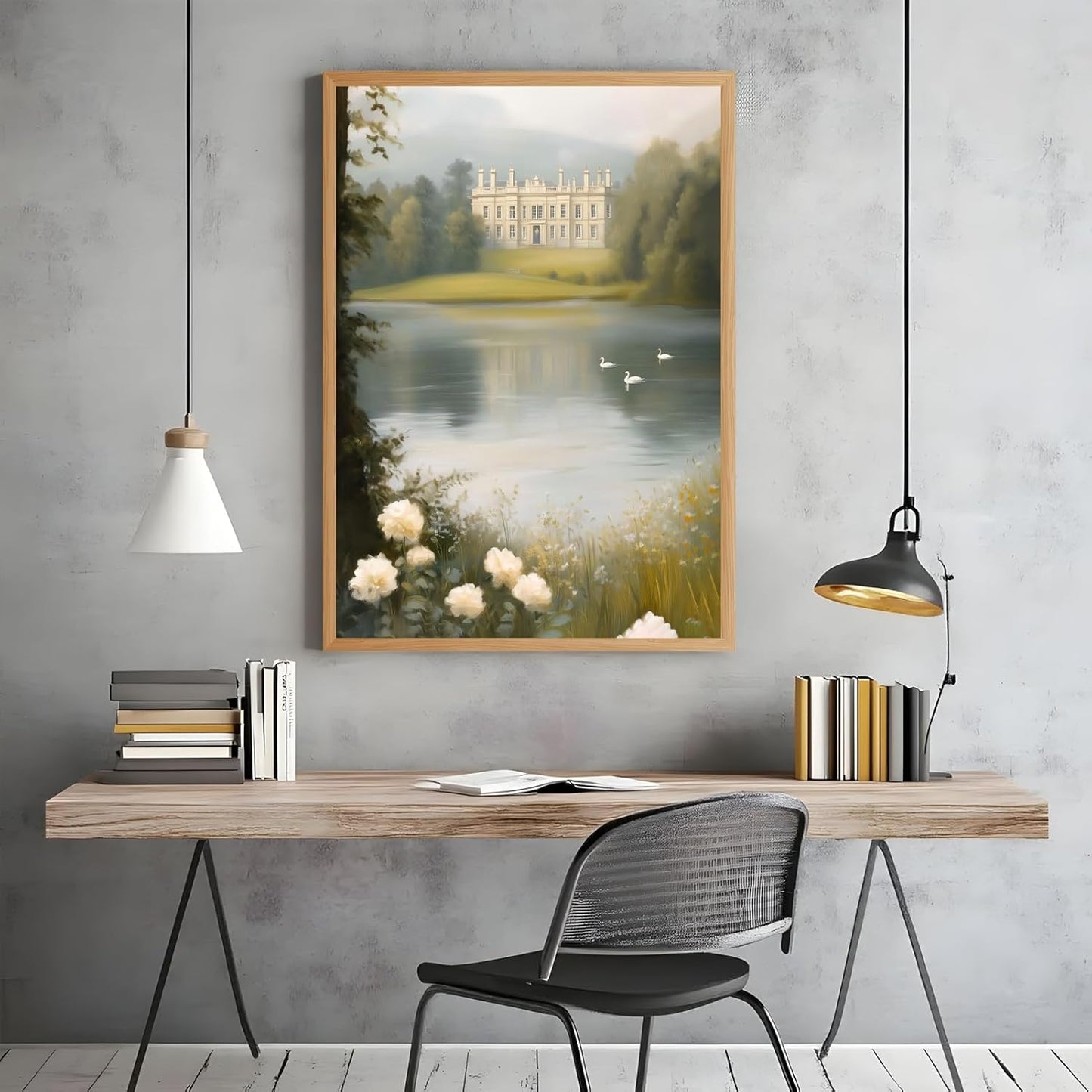 Framed Pemberley Estate Painting Romantic Castle by the Lake Canvas Print Vintage Landscape Picture Jane Austen Inspired Wall Art Pride and Prejudice Poster Decor for Living Room Bedroom 24x36inch