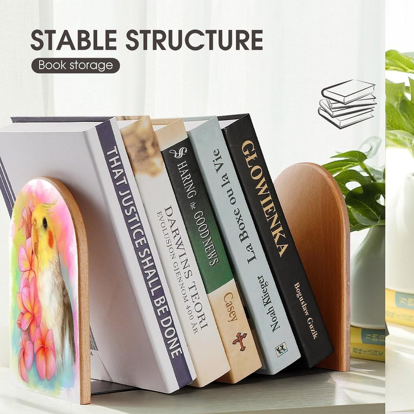Cute Cockatiel Wooden Bookend Non-Slip Book Ends Heavy Duty Book Stopper with Metal Base Books Holderd Decorative Bookends Stands Firmly for Office Supplies