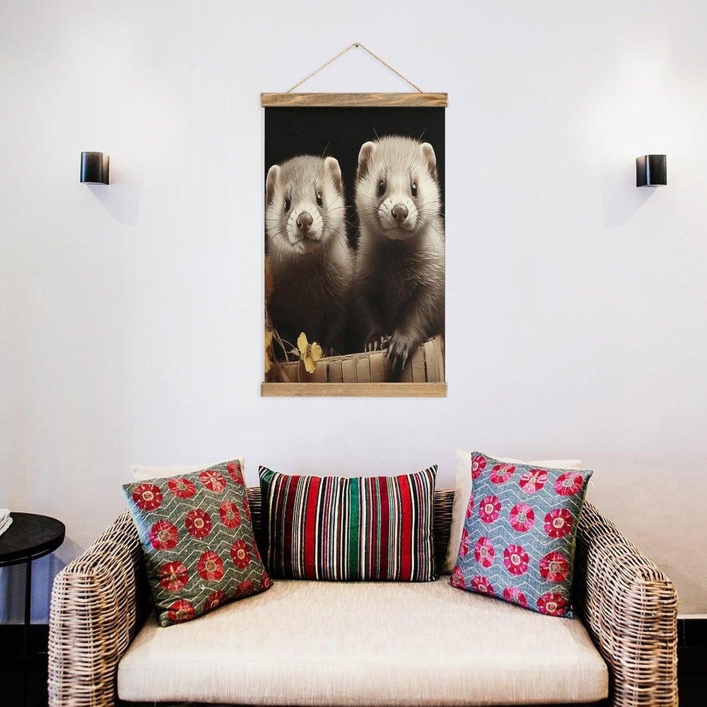 Vintage Ferrets Poster with Wooden Frame Personalized Linen Hanging Scroll Painting Rustic Wall Hanging Illustrative Modern Artwork Decor for Home Living Room Bedroom Office