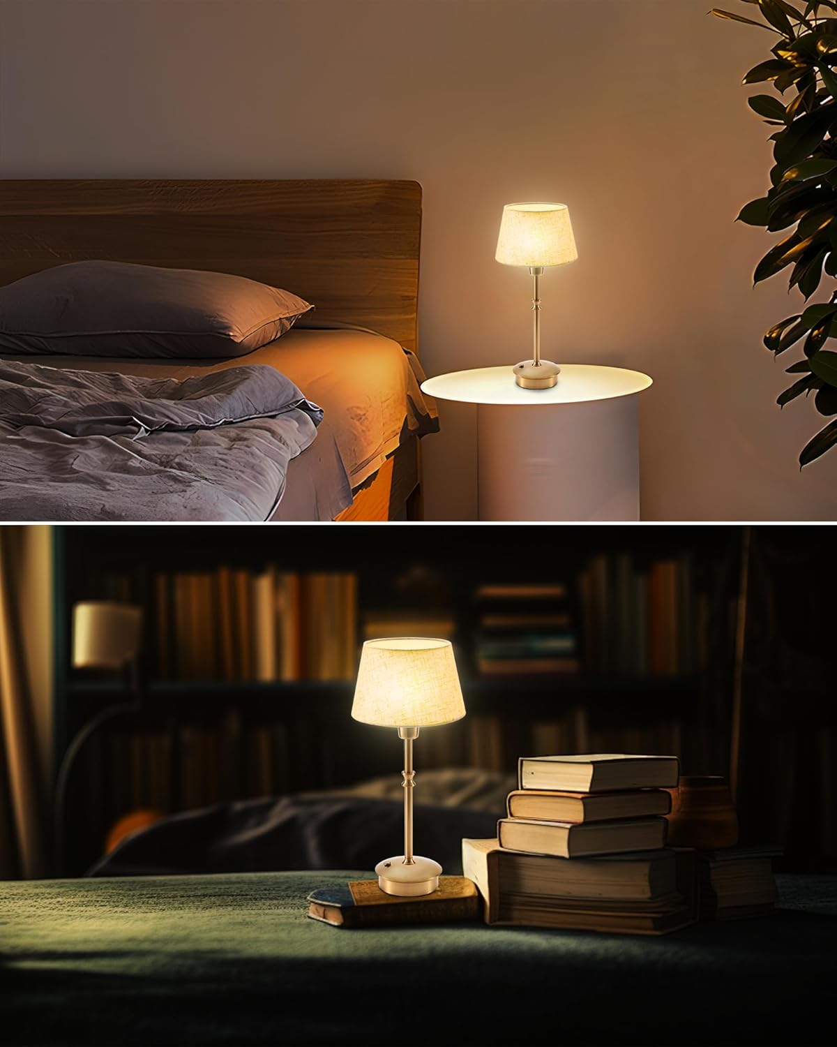 UMEXUS Cordless Lamp Rechargeable Table Lamps, 5000mAh Battery Operated Lights, 3 Level Brightness Dimmable, Portable Night Bedside Light for Patio, Restaurant, Dining, Fabric Shade, Antique Brass