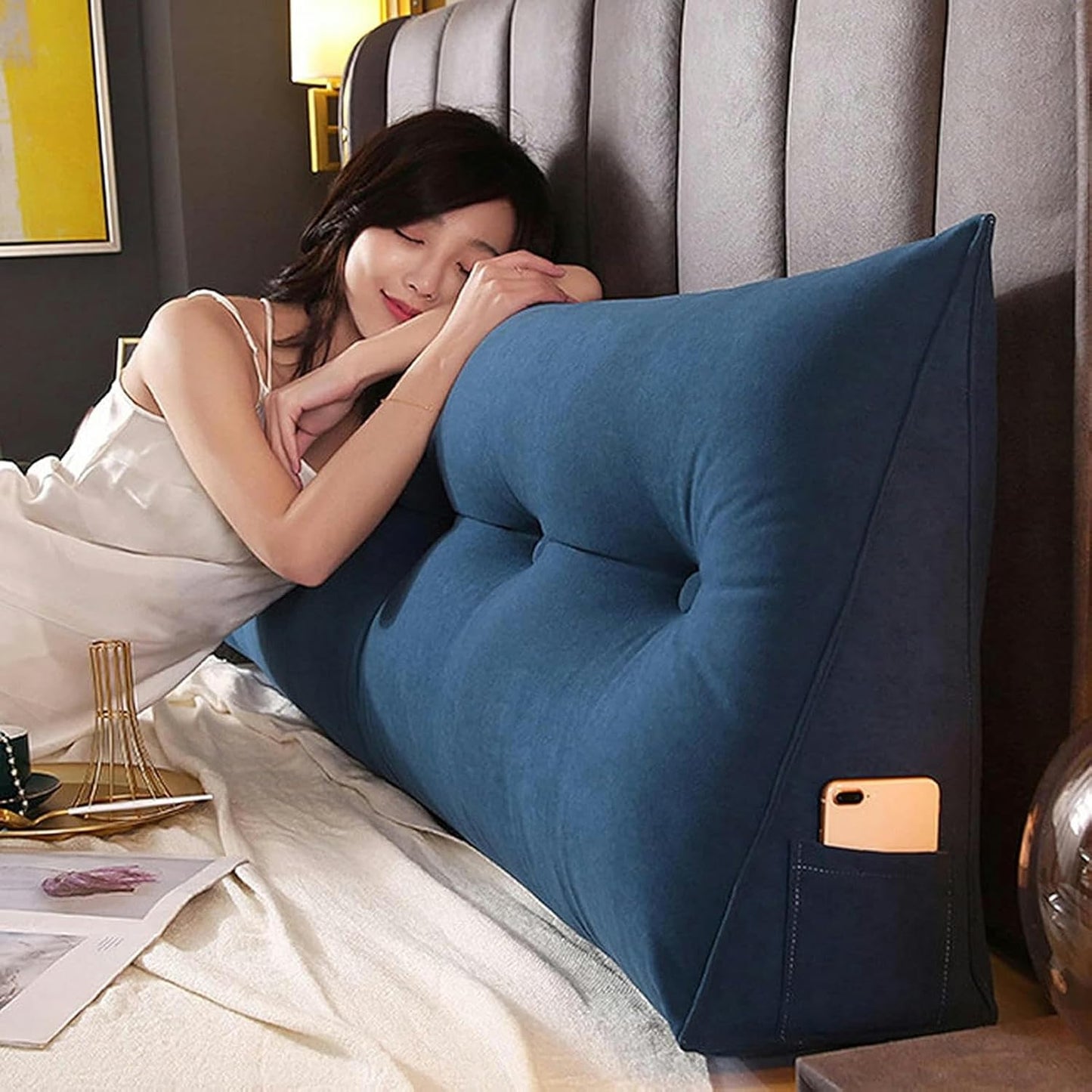 Velvet Bed Rest Reading Wedge Headboard Backrest Tufted Pillow, Soft Wedge Headboard Back Pillow for Bed Backrest Bedside Cushion with Removable Cover, Washable
