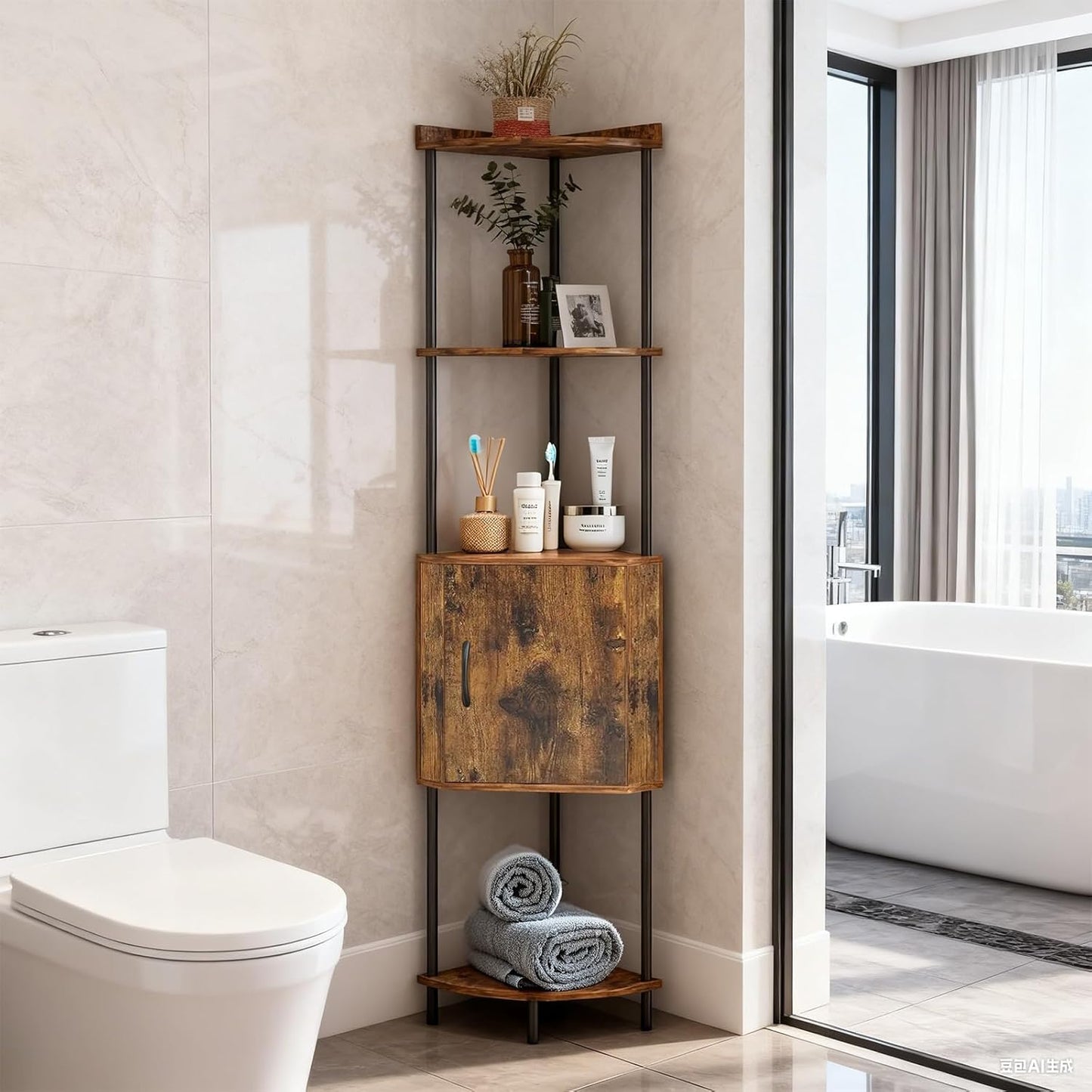 65.7" Rustic Brown Corner Bookshelf with Doors, 5 Tier Tall Corner Cabinet with Storage, Metal & Wood Corner Shelf Unit for Living Room, Bedroom, Kitchen, Bathroom