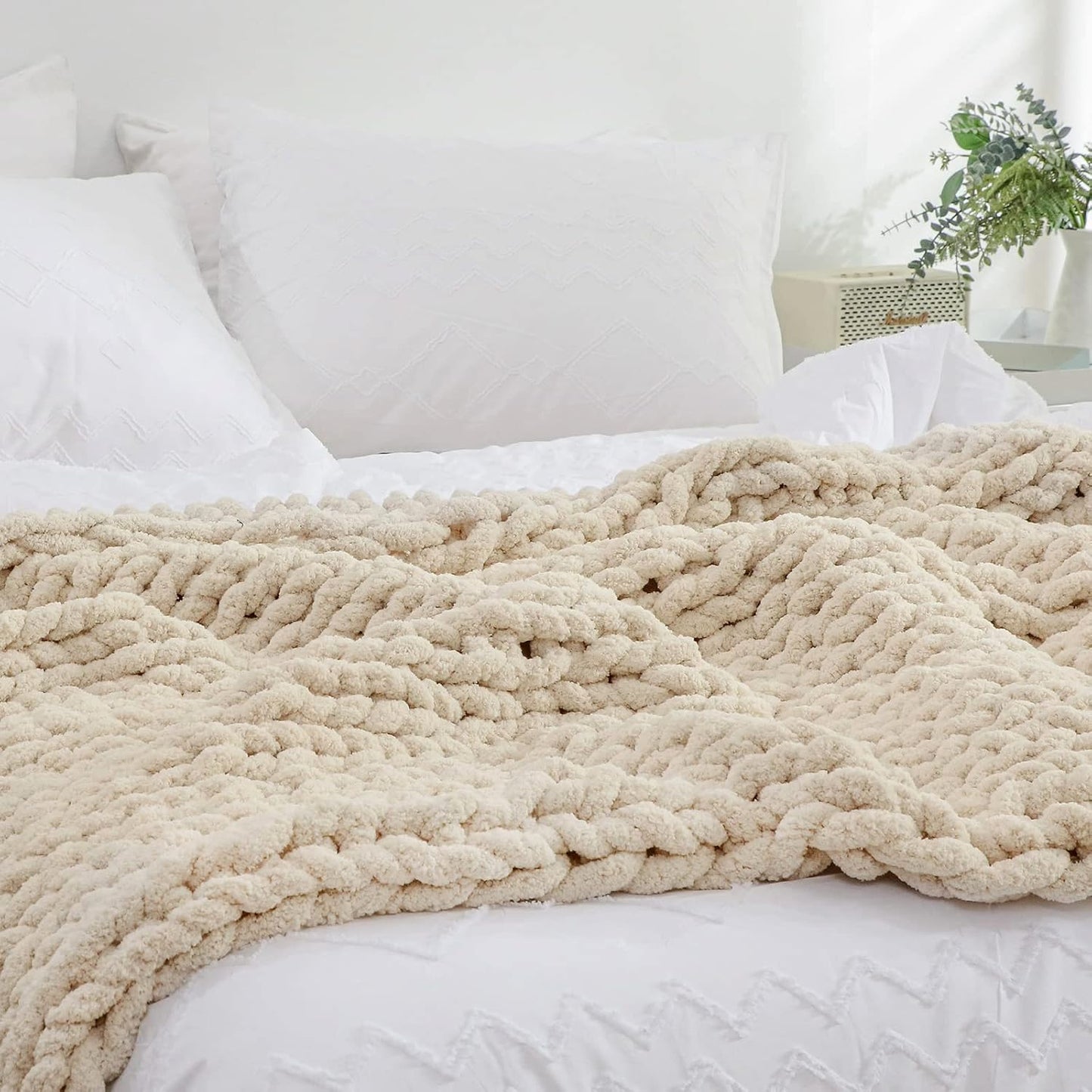 YAAPSU Chunky Knit Throw Blanket for Couch, 51"x63", 100% Hand Knitted Thick Cable Knit with Cozy Jumbo Chenille Yarn, Soft Large Rope Knot Crochet Blankets for Sofa Bed Living Room Décor, Beige