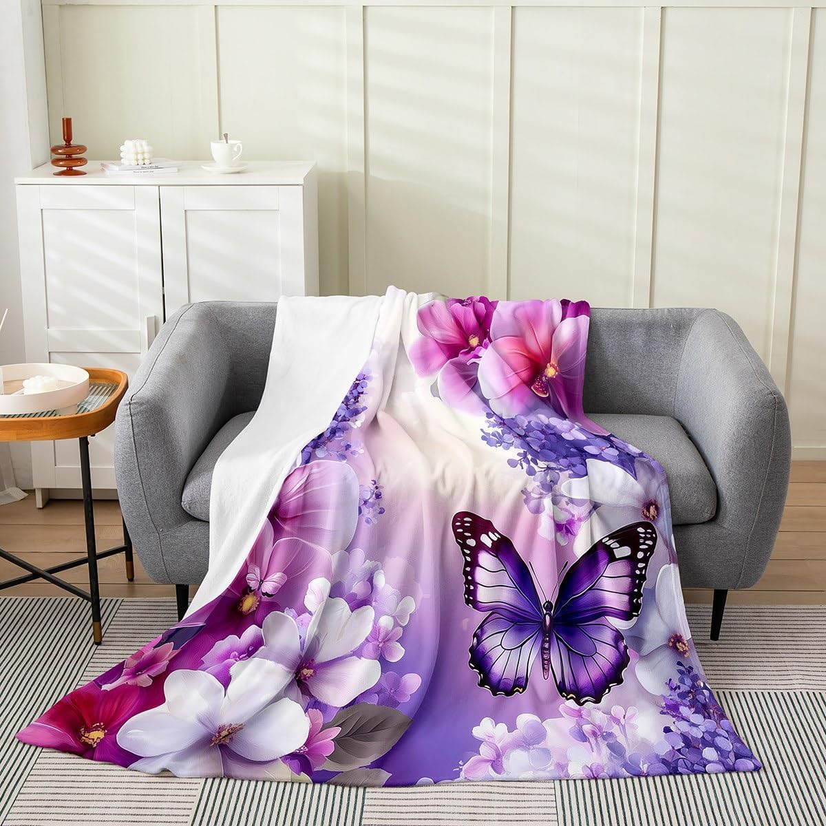 Erosebridal Butterfly Blanket Queen Inch Florals Throw Blanket for Women Girls Farmhouse Natural Plants Bedroom Decor Rustic Animal Fleece Blanket Romantic Purple Spring Flowers Sherpa Blanket