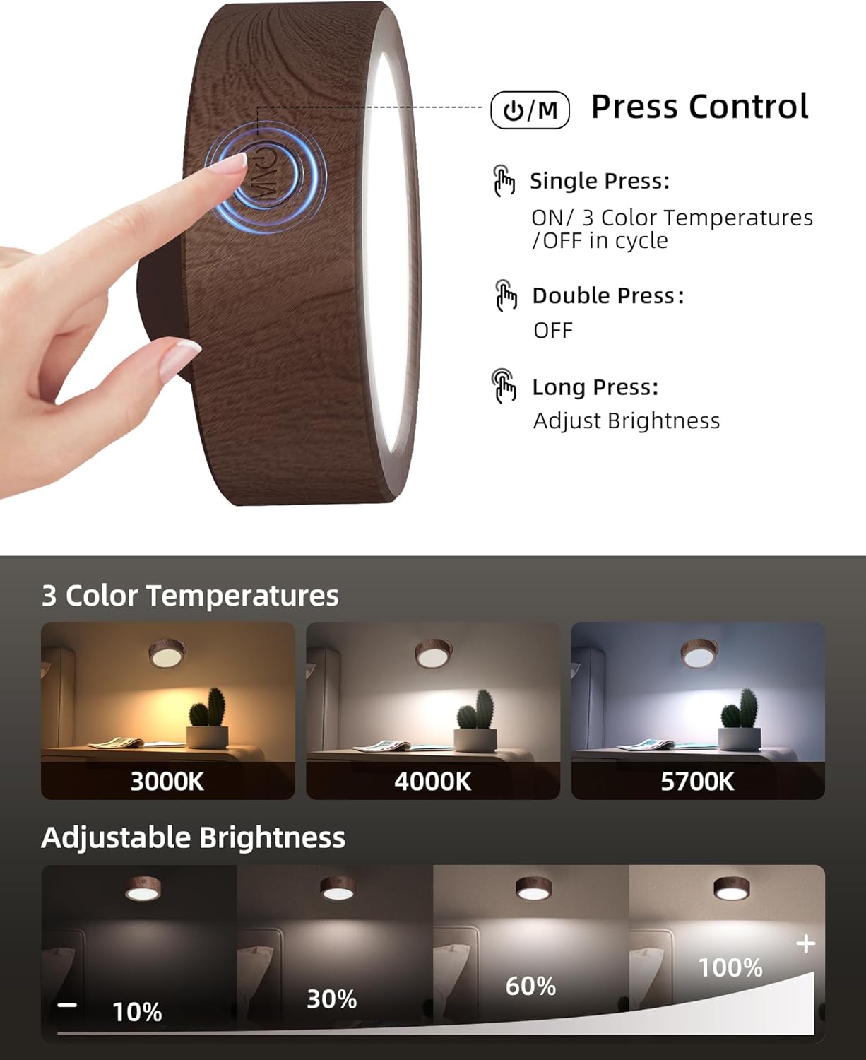EZVALO LED Wall Mounted Light, 3000mAh Rechargeable Cordless Wall Sconce, Dimmable with Remote & Touch Control, 3 Color Temps, 360° Rotatable for Bedroom, Bedside, Reading(Walnut, 2Pack)