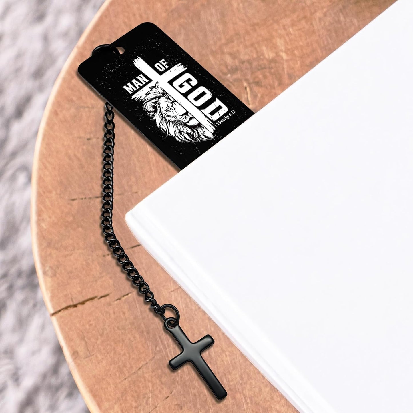Christian Metal Bookmark Man of God, Black Inspirational Lion Bible Verse Book Mark with Cross Pendant, Religious Scripture Verse Bookmarks for Man Accessories Birthday Church Baptism Gift