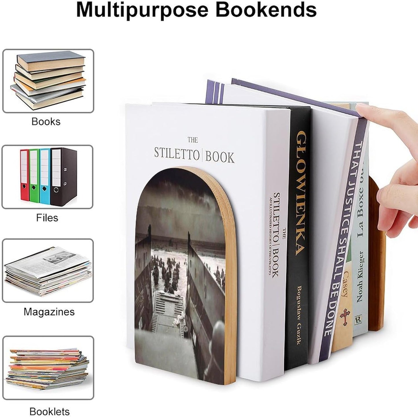 Landing Normandy Wooden Bookend Non-Slip Book Ends Heavy Duty Book Stopper with Metal Base Books Holderd Decorative Bookends Stands Firmly for Office Supplies