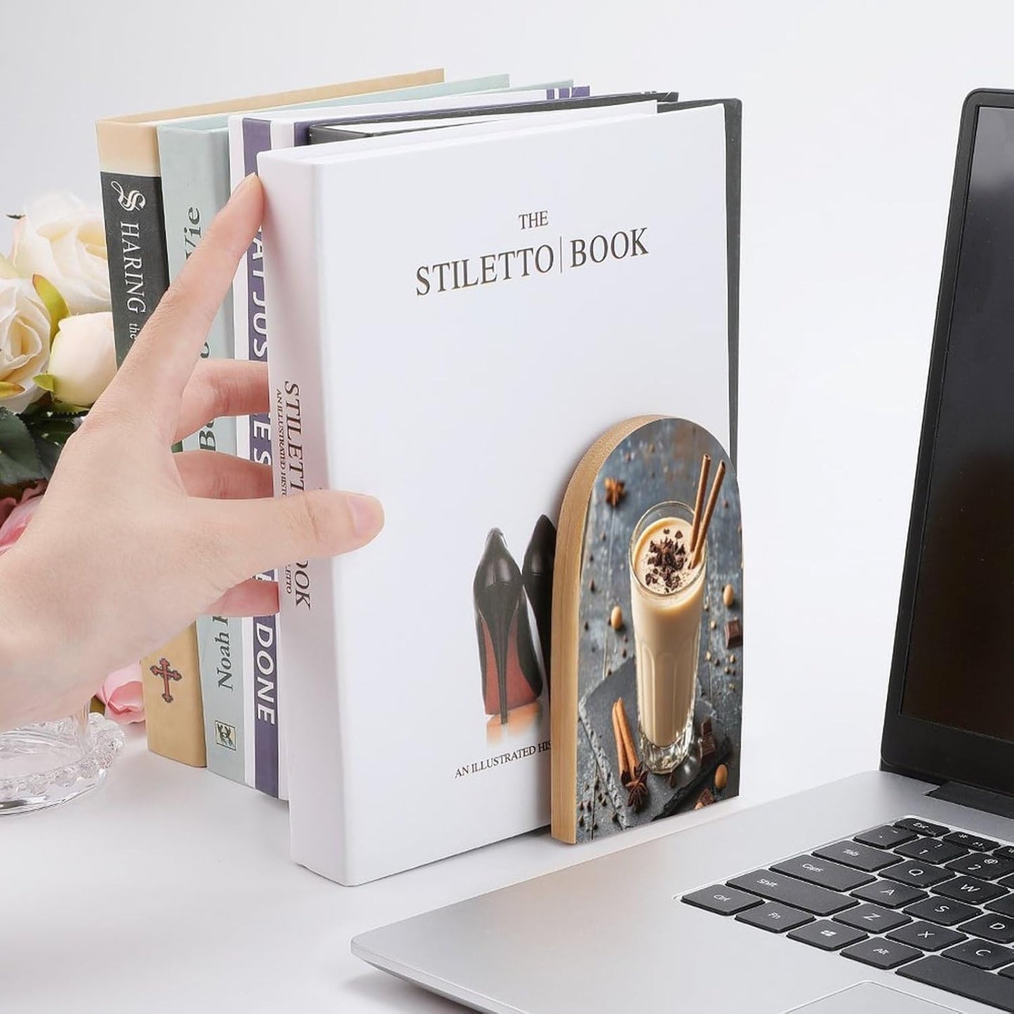 Eggnog Bookends 1 Pair Heavy Duty Book Ends for Shelves Non-Skid Bookend Supports Wooden Book Holders with Metal Base Desk Organizers Books Storage to Hold Books