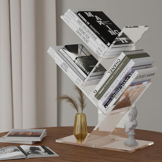 Small Shelf, 3 Tier Acrylic Mini Bookshelf, Tree Bookshelf for Tiny Home, Mini Book Shelf for Book/Cd/Movie Storage Cabinet/Room Corner/Office