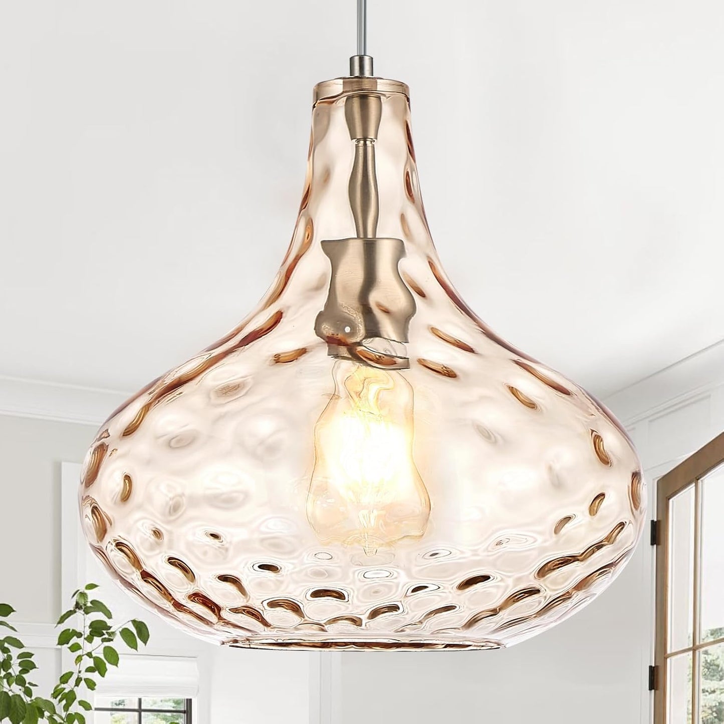 11" Amber Hammered Glass Pendant Light, Blown Glass Hanging Light Fixture with Brushed Nickel Finish, Vintage Modern Ceiling Light for Kitchen Island, Dining Room, Hallway, Living Room