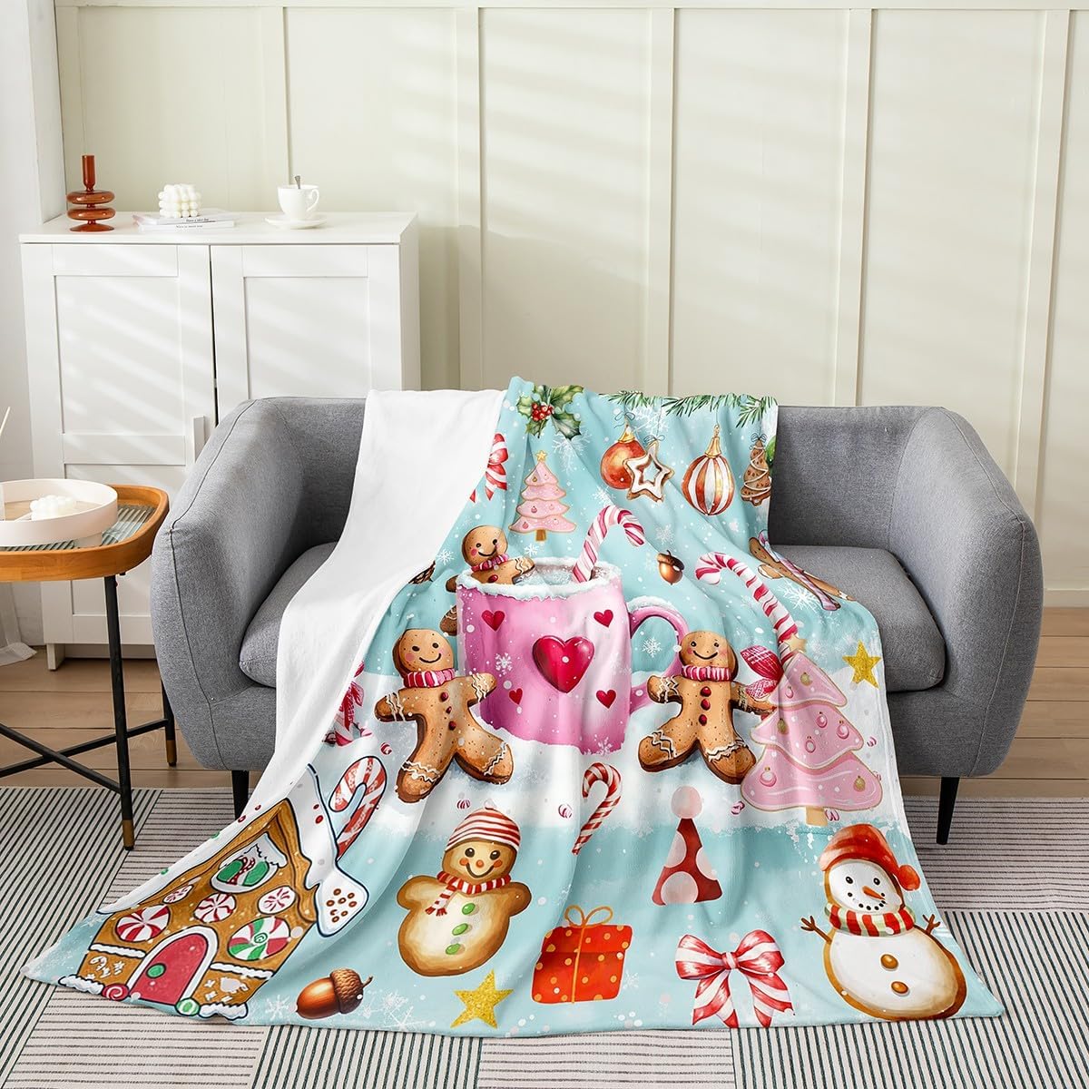 Cute Gingerbread Man Flannel Blanket for Adults,Winter Christmas Candy Coffee Gift Flannel Fleece Blanket Throw 50"x60",Kawaii Gingerbread House Winter Snow Bedroom Decor Bed Sofa Couch Blankets