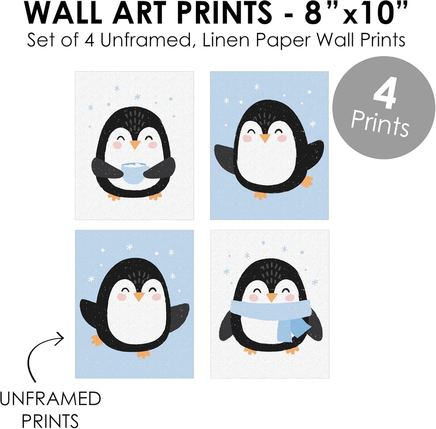 Big Dot of Happiness Winter Penguins - Unframed Holiday and Christmas Linen Paper Wall Art - Set of 4 - Artisms - 8 x 10 inches