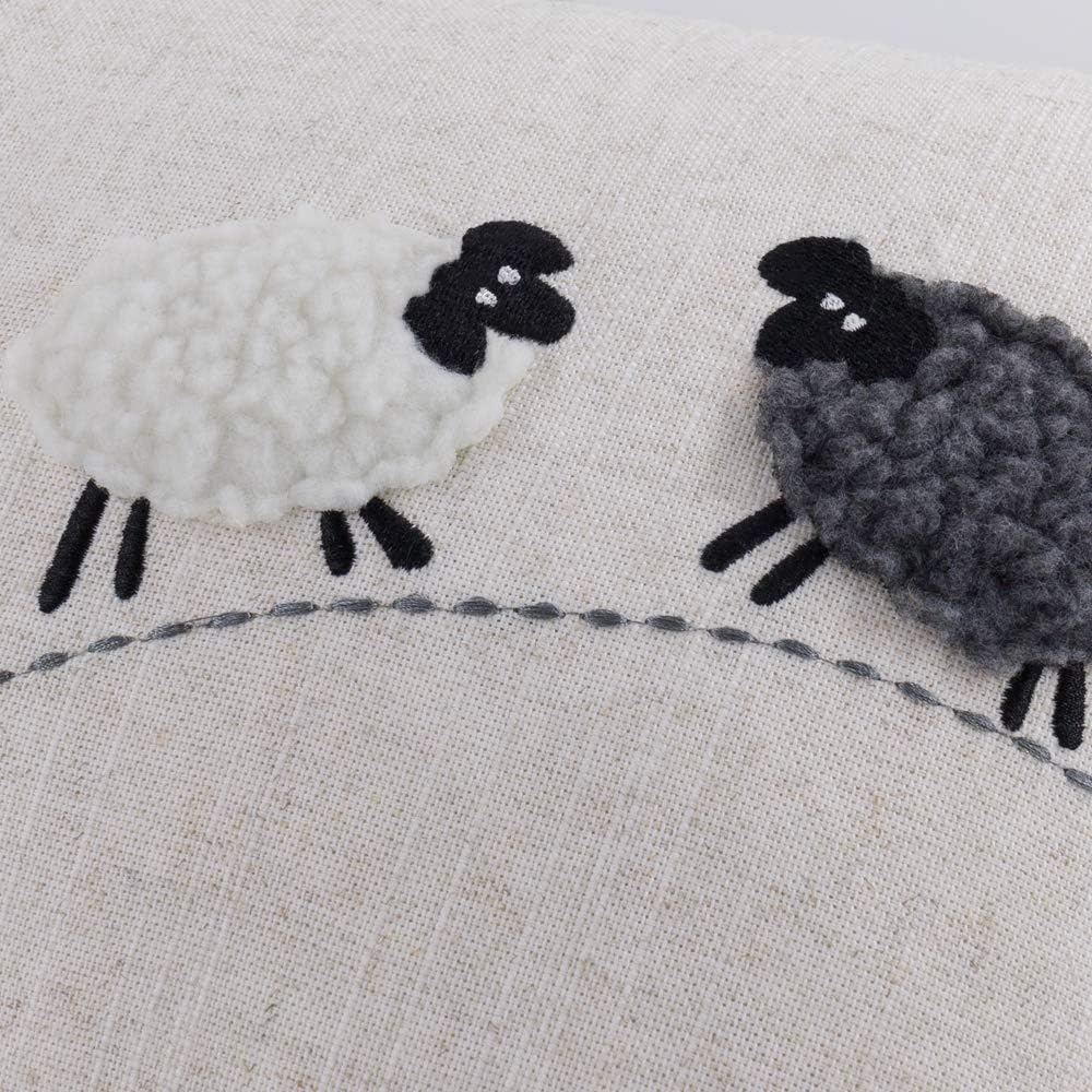 JWH Sheeps Pillow Cover Decorative Animal Embroidery Accent Pillow Case Lumbar Cushion Cotton Pillowcase for Sofa Couch Bed Living Room 12x20 Inch White and Gray