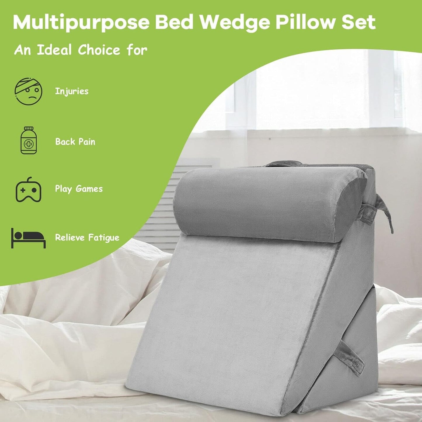 Bed Wedge Pillow Adjustable Neck Back Support Memory Foam Headrest Grey