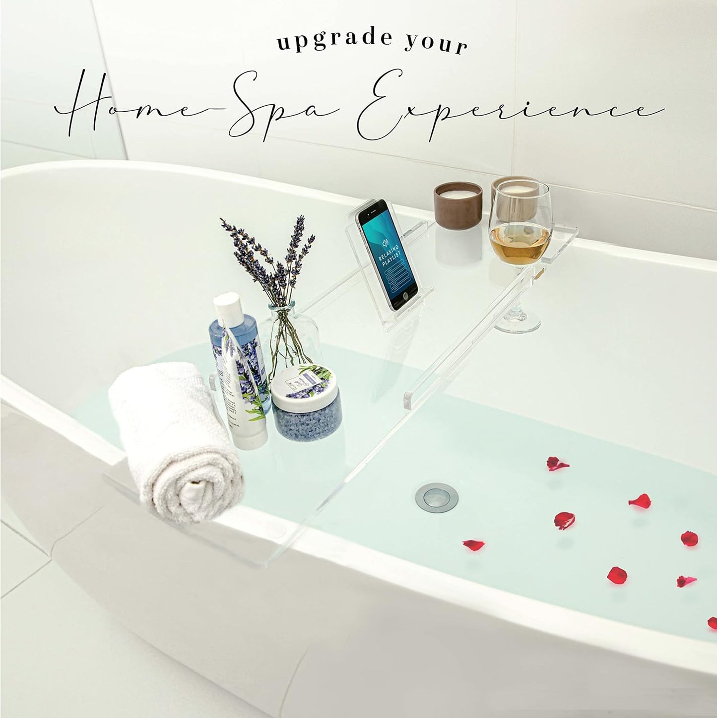 32" Supreme - Clear Acrylic Bathtub Tray Caddy Tub Shelf, Spa Board Luxury Bathroom Bath tub Table, Fits Across Bathtubs, Book, iPad and Wine Glass Holder (Supreme, 32")