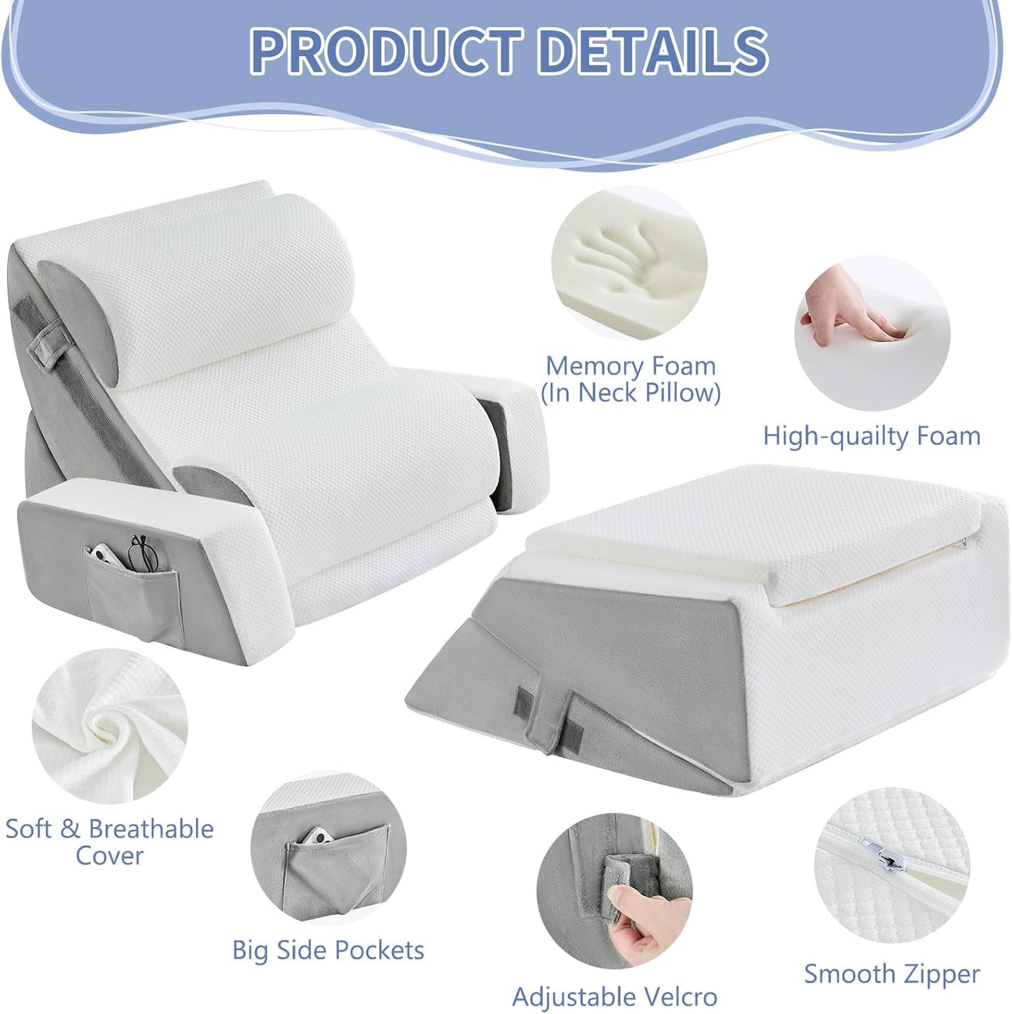 Yojoker 9PCS Orthopedic Bed Wedge Pillow Set for Sleeping, Back and Leg Pain Relief, Post Surgery Foam Pillow for Body, Triangle Adjustable Support Pillow - Acid Reflux Sleeping Pillows