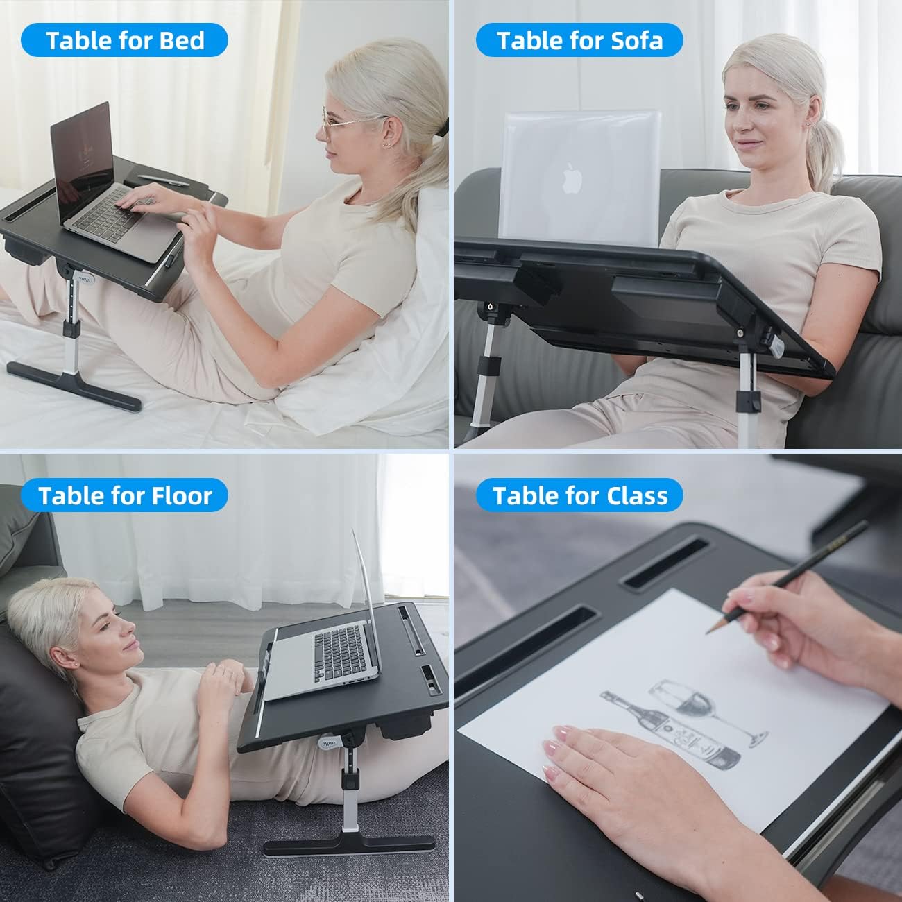KLEAR Laptop Bed Tray Table [Luxury PVC Leather], Adjustable Laptop Desk for Bed, Foldable Lap Desk with 2 Drawers, Multifunctional Lap Table for Working, Eating, Writing, Gaming, Drawing (Black)