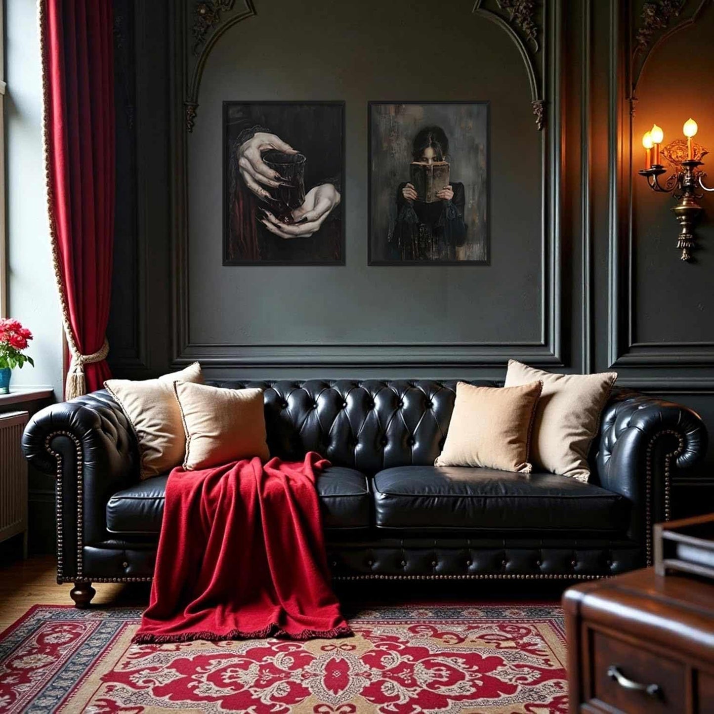 2 Pieces Gothic Canvas Wall Art Dark Academy Vampire Pictures Victorian Woman Reading Magic Book Posters Claw Hand Dracula Prints Moody Girl Witch Ghost Paintings Bedroom Library Classroom Office Home Decor 12"X16" Framed.