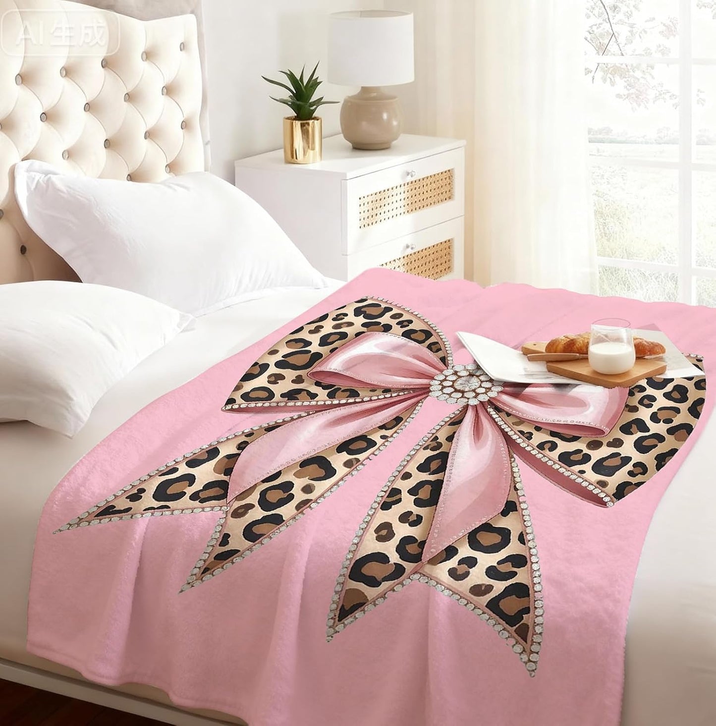 Trendy Pink Cheetah Print Bow Throw Blanket, Pink Coquette Room Decor, Funky Y2k Girly Leopard Blanket for Girls Dorm Home Bedroom Living Room Couch Bed Sofa Decoration, 50x60 Inches