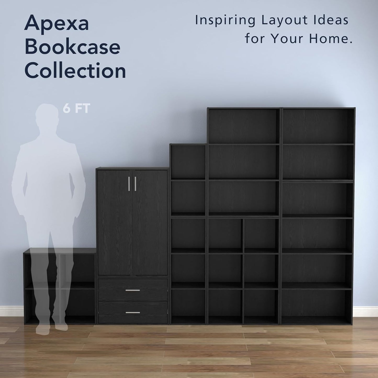 Homes: Inside + Out Apexa 3-Tier Stackable Wood Bookcase with Doors, Cube Storage Organizer Shelves, Small Food Pantry Cabinet, Dorm Teen Room Decor & Bedroom, Home Office, Kitchen, Black