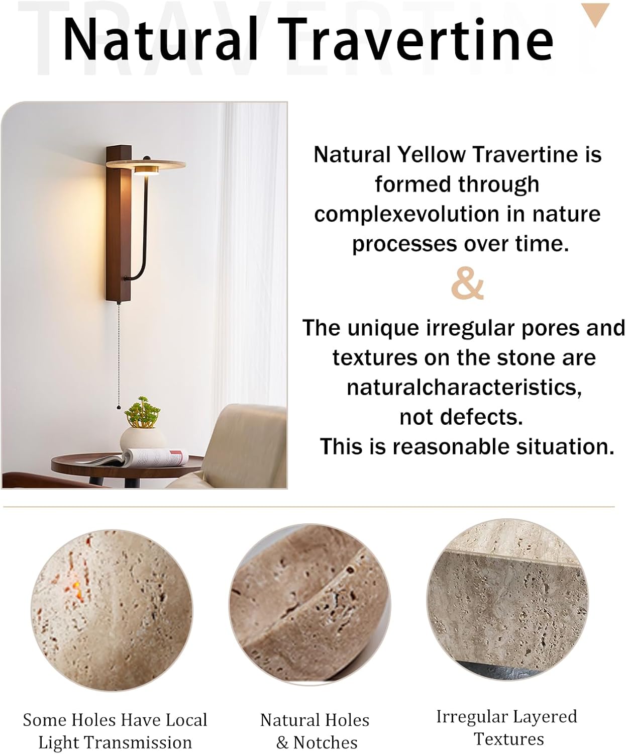 Yellow Travertine Wall Sconce, 15.7" Japanese Vintage Wabi Sabi Light Fixture with Natural Stone Lampshade Pull Cord Switch Wood Base, Art Deco Wall Sconces for Bedside Bedroom Kitchen Island