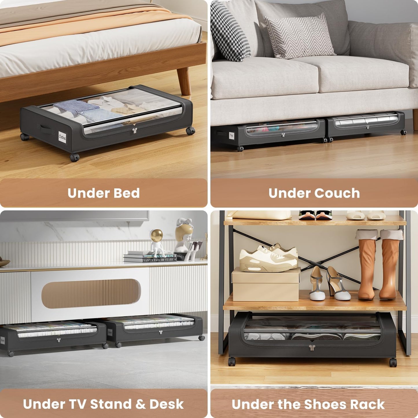 Under Bed Storage Containers with Clear Lid, Large Under Bed Storage with Wheels,6.22"H Under Bed Containers Rolling Under Bed Cart, Fabric & Metal Frame Under Bed Drawer for Clothes ;Black, 2 Pack