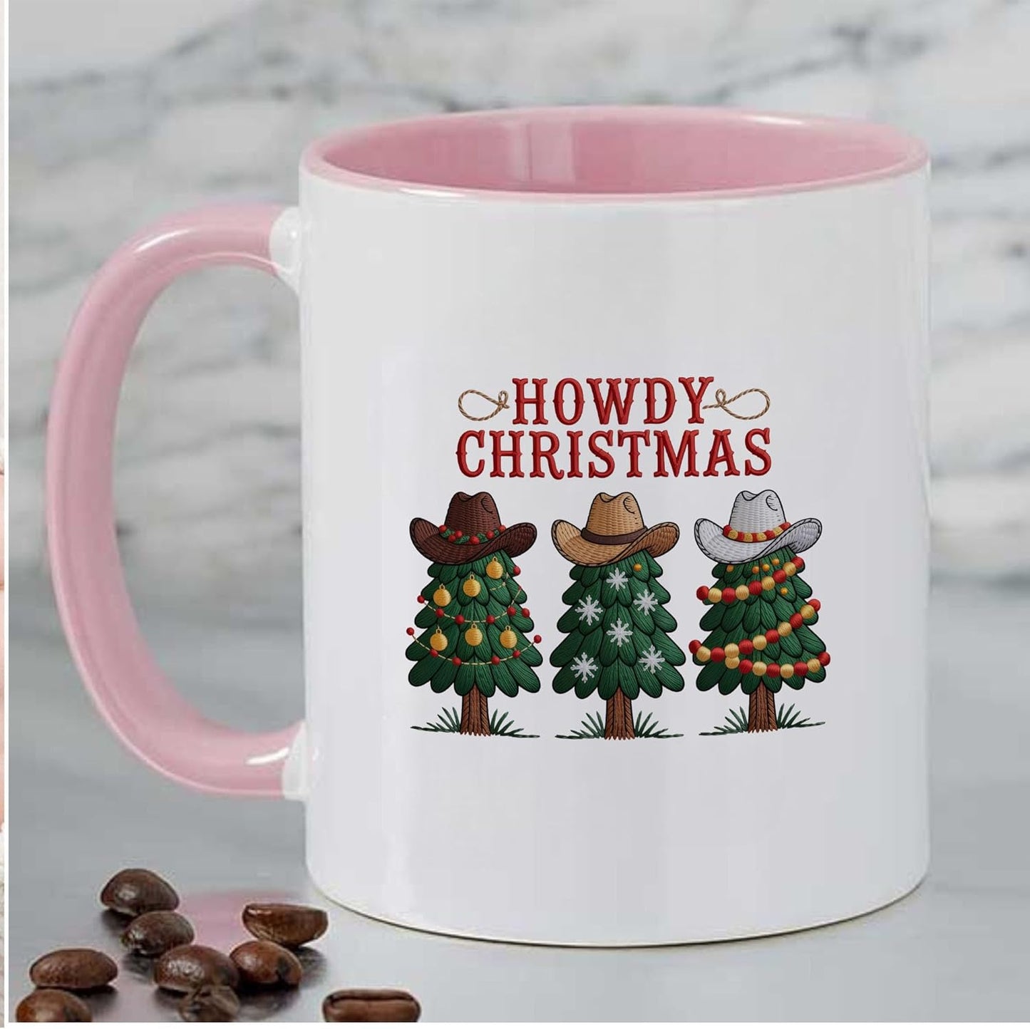 Howdy Christmas Tree Wearing Cowboy Hat Funny Two-Tone Accent Mugs, 11oz 15oz Drinking Cups, Kitchen Décor, Gifts For Book Lovers