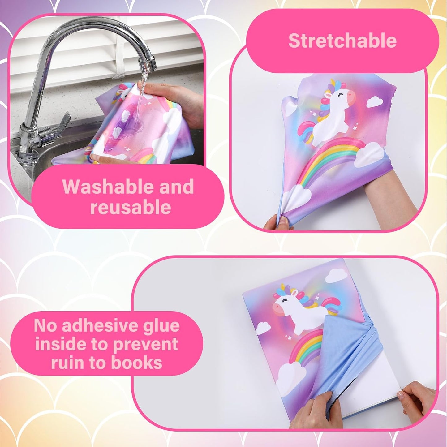 8 Pcs Jumbo Rainbow Stretchable Book Covers 9 x 11 Inches Reusable Washable Fabric Book Protective Covers for Girls Boys Kids and Teens Teachers for School Textbooks Hardcover Notebook