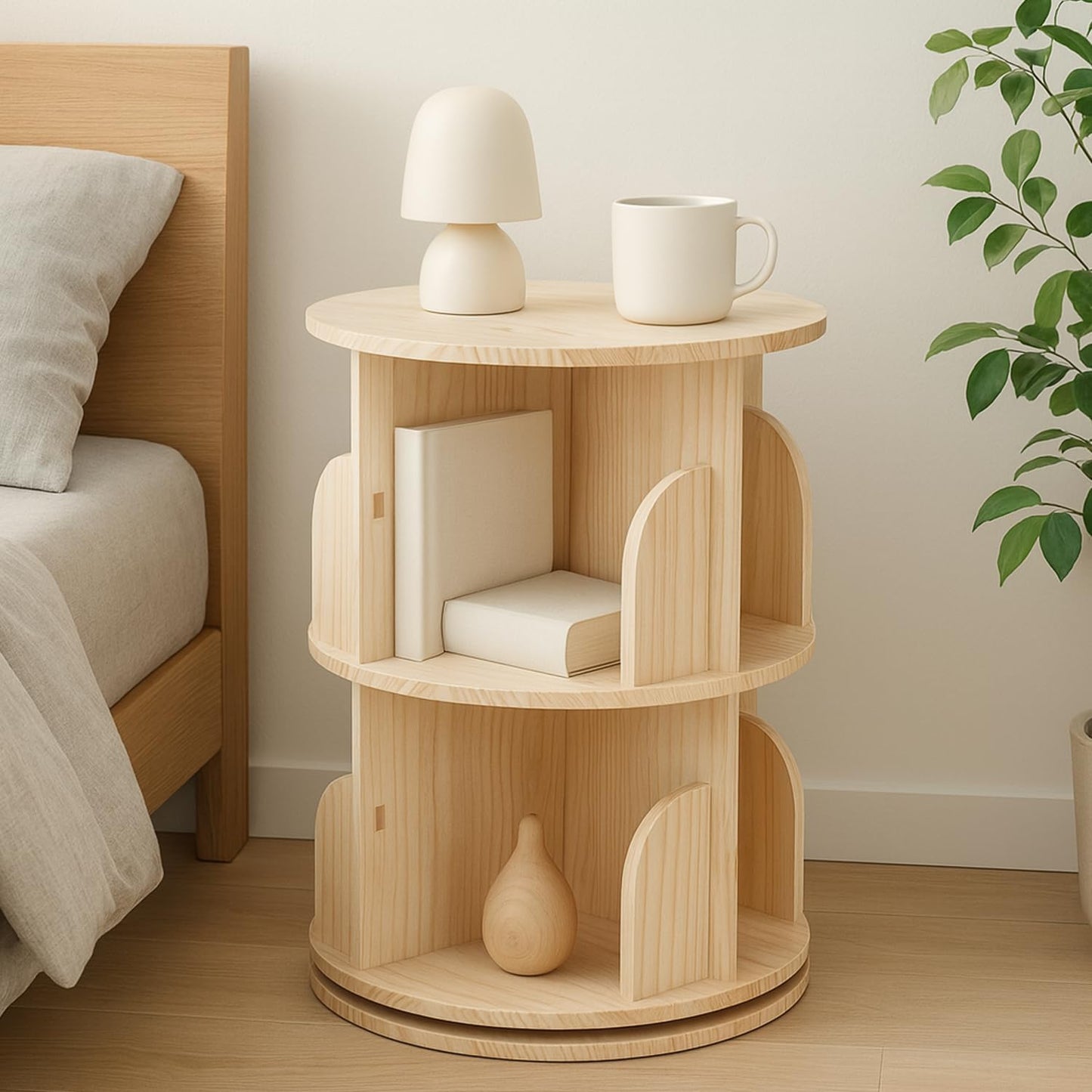 2 Tier Wood Bookshelf Office End Table,Nightstand with Storage Shelf,Rotating Side Table,Circle Nightstands for Bedroom,Modern Sofa Bedside Tables for Living Room,Easy Assembly.