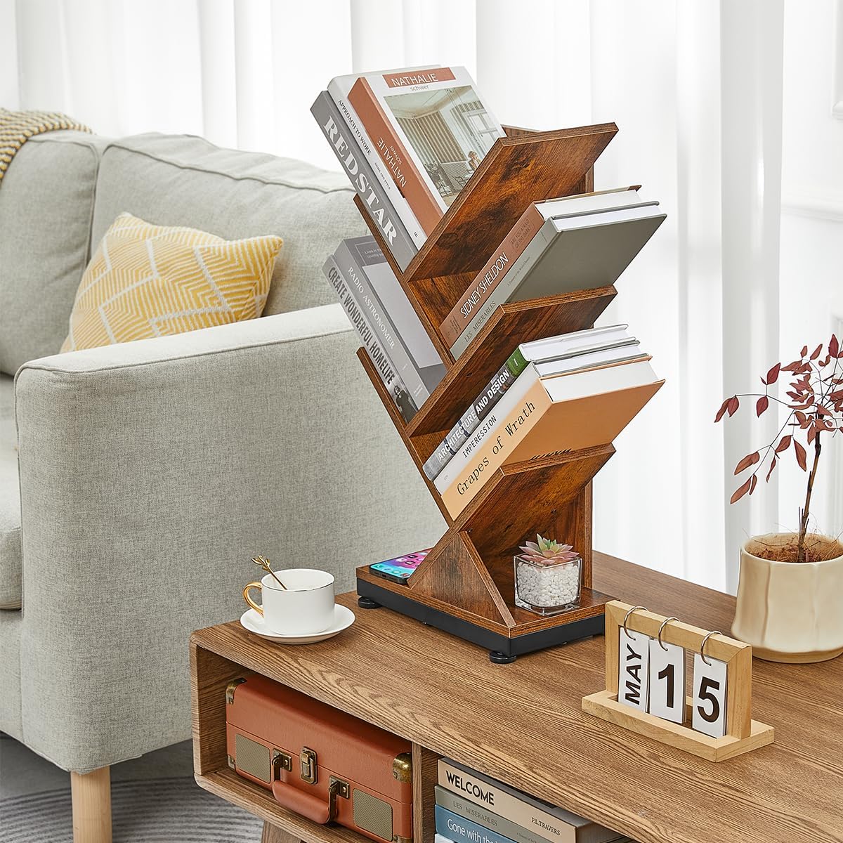 ruboka Tree Bookshelf,Retro Floor Standing Bookcase Display for CDs/Magazine/Books,Small Bookshelf for Bedroom,Living Room,Office,Balcony,Brown Storage Shelves (Brown, 5 Tier)