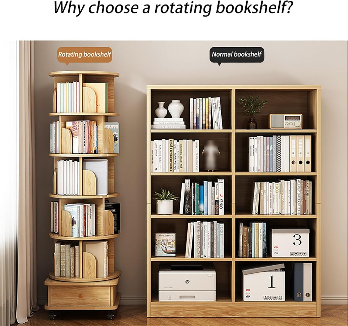 Mobile Bookshelf with Wheels and Drawers 5 Tier Wooden Bookcase Corner Tall Book Shelf Modern Wooden Rotating Bookcase Shelves Floor Freestanding for Living Room Corner Easy Assemble (Color : Wood co