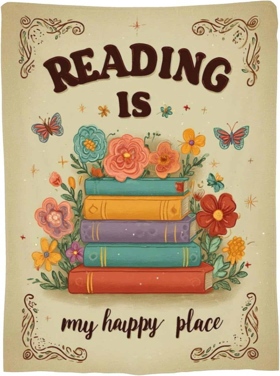 Book Lover Blanket, Reading is My Happy Place Throw, Retro Floral Bibliophile Gift for Women Teachers Librarians, Soft Flannel Fleece Blanket, Cozy Cottagecore Bookish Room Decor 60"x50"