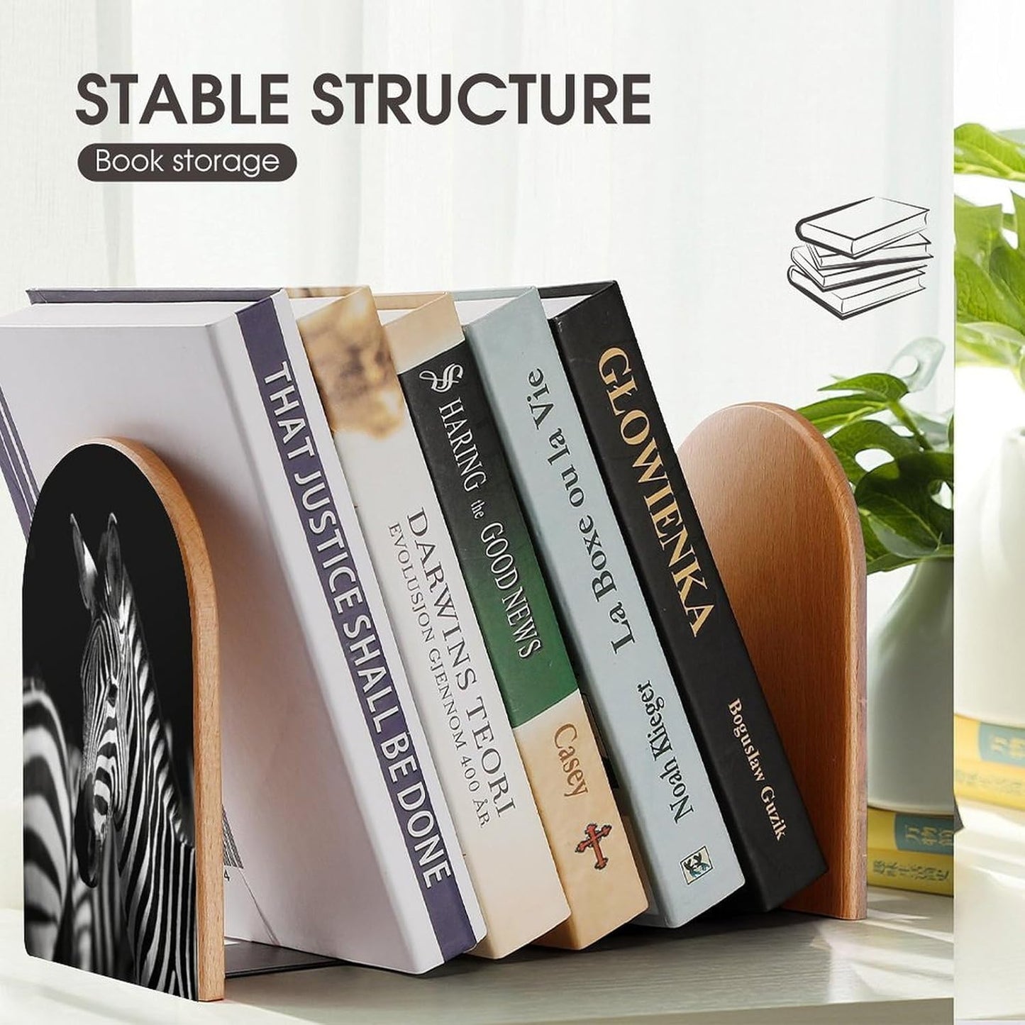 Black & White Zebra Bookend for Shelves Wooden Book End Large Size Sturdy Book Holders Stoppers with Metal Base for Bookshelves Slick Decorative Bookends Stands