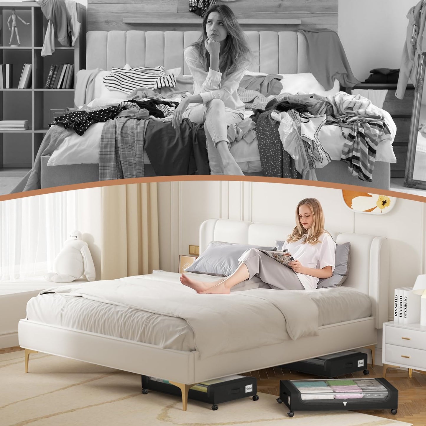 Under Bed Storage Containers with Clear Lid, Large Under Bed Storage with Wheels,6.22"H Under Bed Containers Rolling Under Bed Cart, Fabric & Metal Frame Under Bed Drawer for Clothes ;Black, 2 Pack