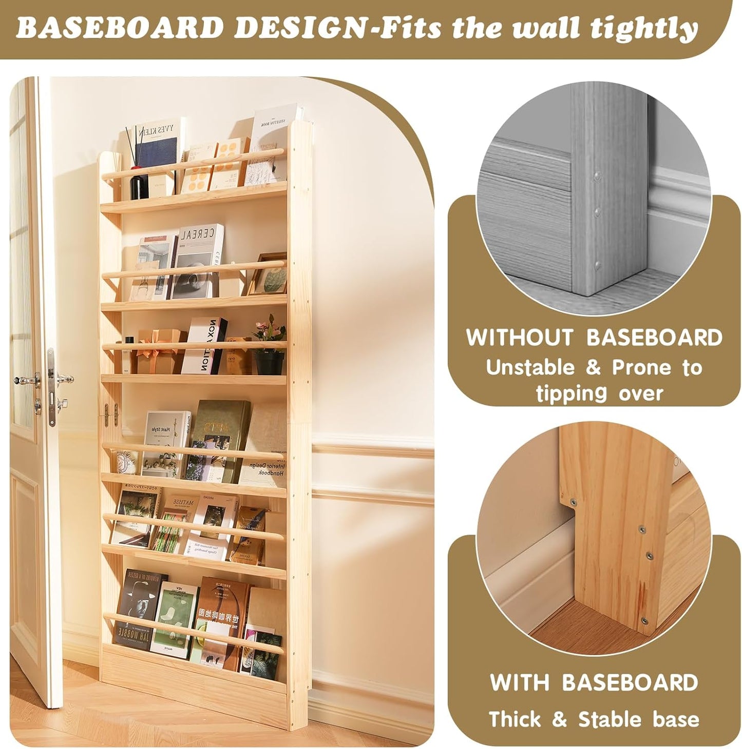 Kids Bookshelf, 6 Tier Shelves Behind The Door Book Shelf Storage, Children's Solid Wood Bookcase Space- Saving, Wall Mount Bookshelf for Bedroom, Living Room, Office and Nursery（Natural Wood）