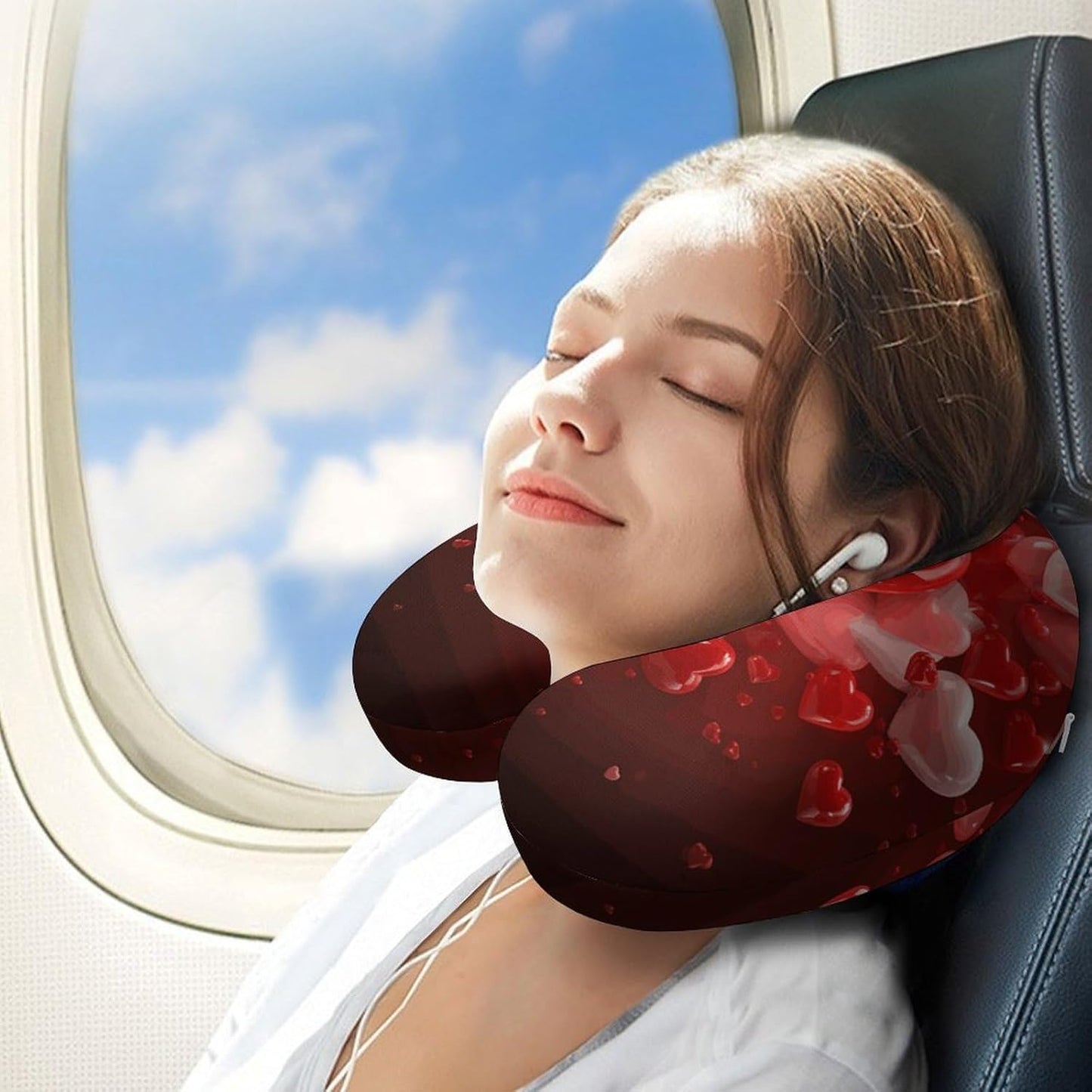 Love Red Hearts Neck Pillow Memory Foam U Shaped Pillows Portable Pillows for Shoulder Travel Head Support Pillow with Concealed Zipper for Airplane Car Home Office